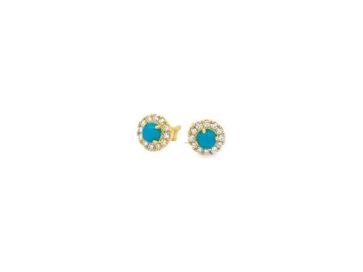 18K Yellow Gold Turquoise round Stud Earrings with Natural Diamonds